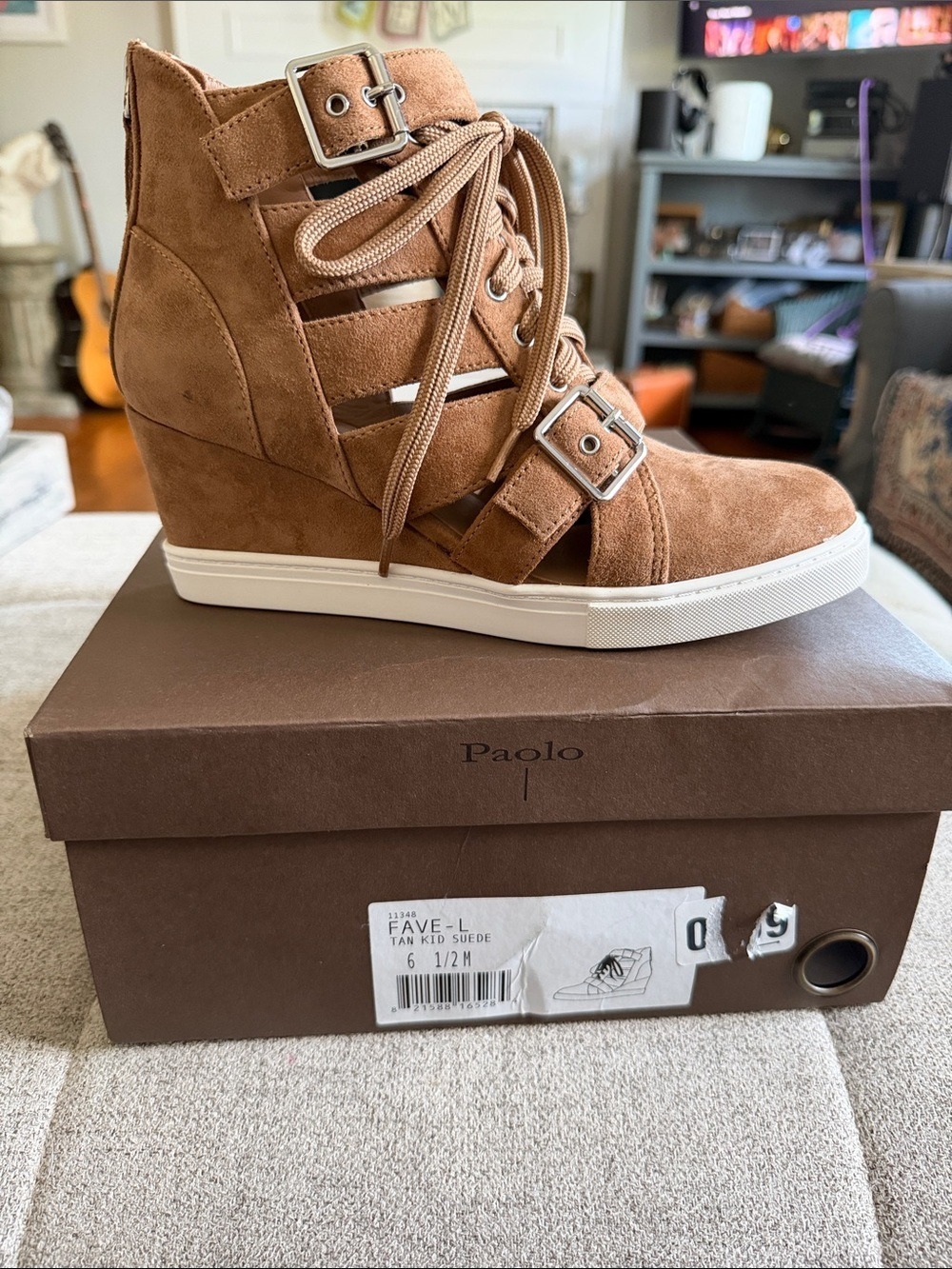 Linea Paolo Fave Cutout Wedge Sneakers Tan Suede Strappy Booties 6.5 New